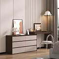 Dark Wooden Dressing Table with Drawers Photo Frames Vase with Flowers and Stool by Window