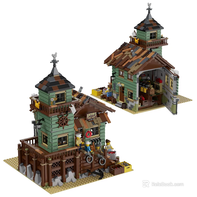 Vintage Wooden Style Building Blocks House With Attic Gabled Roof And Minifigure Tools 3d model 