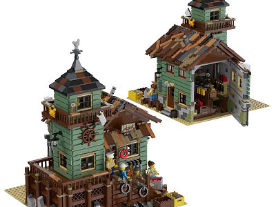 Vintage Wooden Style Building Blocks House With Attic Gabled Roof And Minifigure Tools 3d model