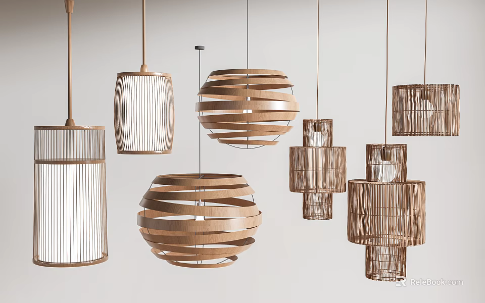 Stylish Wooden Pendant Lights With Woven Patterns Round Shapes And Layered Designs 3d model 