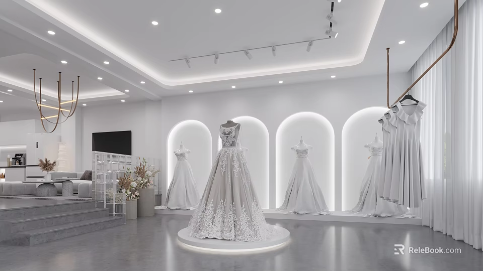 Elegant Bridal Clothing Store With Central Wedding Dress On Display Platform And Arched Backdrop 3d model 