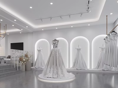 Elegant Bridal Clothing Store With Central Wedding Dress On Display Platform And Arched Backdrop 3d model