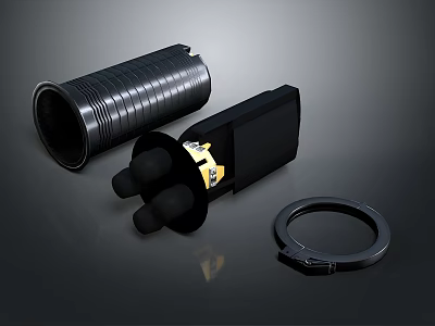 Tactical Weapon Components Including Cylindrical Barrel Yellow Labeled Grip And Ring Mount 3d model