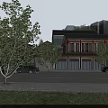 Urban Commercial Street With Traditional Sloped Roofs Modern Buildings Trees Roads And Vehicles