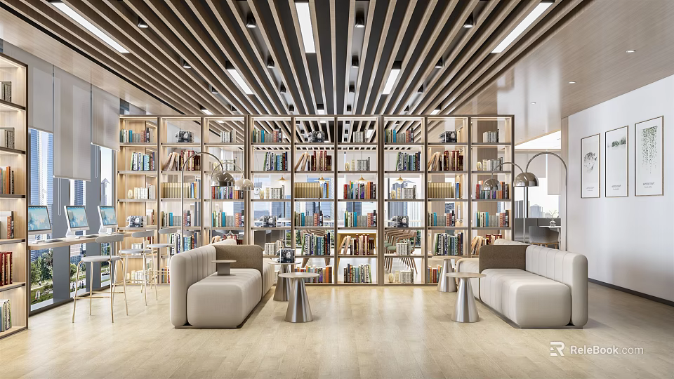 Stylish Modern Book Art Interior Design With Wooden Bookshelves And Colorful Books 3d model 