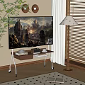 Large Scenic View TV In Living Room With Wooden Table Floor Lamp And Blinds