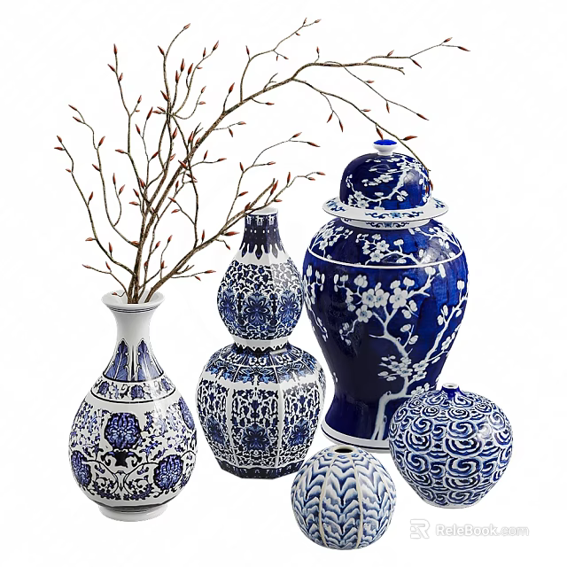 Decorative Ornament Set with Blue and White Ceramic Vases Jars and Twig Decoration 3d model 
