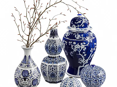 Decorative Ornament Set with Blue and White Ceramic Vases Jars and Twig Decoration 3d model