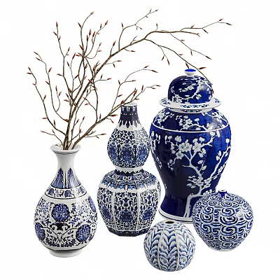 Decorative Ornament Set with Blue and White Ceramic Vases Jars and Twig Decoration 3d model