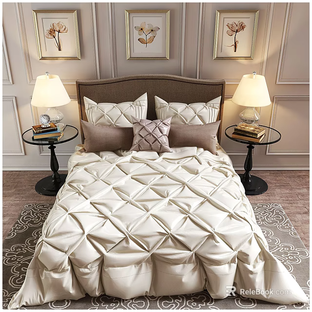 Elegant Double Bed With Brown Headboard Pillows Nightstands And Table Lamps In Cozy Bedroom 3d model 