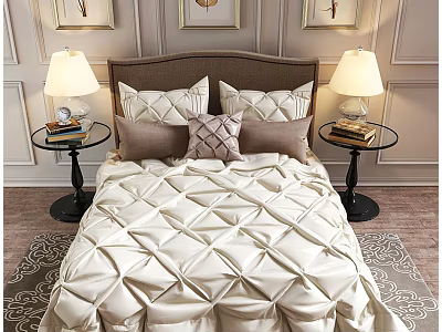 Elegant Double Bed With Brown Headboard Pillows Nightstands And Table Lamps In Cozy Bedroom 3d model