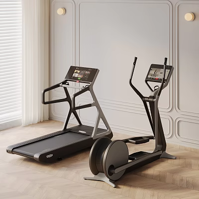 Modern Treadmill and Elliptical Trainer Fitness Equipment with Smart Display Screens in Indoor Room 3d model