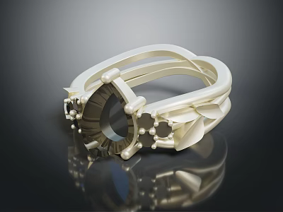 Exquisite Silver Ring With Braided Band Floral Accents And Dark Gemstone Centerpiece 3d model