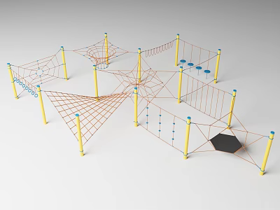 Colorful Outdoor Playground Equipment with Yellow Poles Climbing Net and Rope Structures 3d model