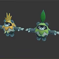 Two Cute Panda Characters With Yellow Flame And Green Leaf Headpieces