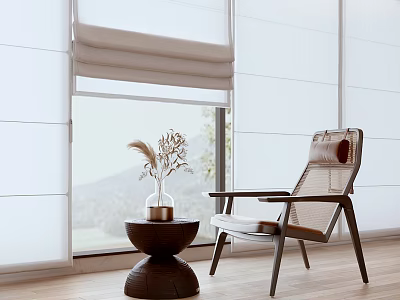 Modern Living Room Interior With White Roller Blind Armchair Side Table And Vase 3d model