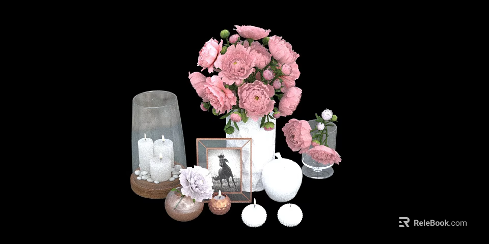 Decorative Ornament Set With Pink Flower Bouquet White Vase Glass Lantern Photo Frame And Shells 3d model 