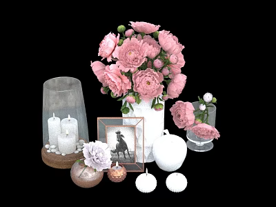 Decorative Ornament Set With Pink Flower Bouquet White Vase Glass Lantern Photo Frame And Shells 3d model