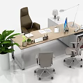 Modern Office Desk Setup With Ergonomic Chairs Potted Plants Lamp And Supplies