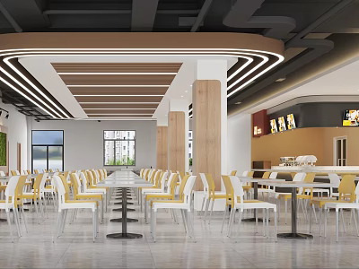 Spacious Modern Cafeteria Interior With Chairs Tables And Ceiling Lighting 3d model