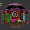 Miniature Stage Scene With Red Walls Wooden Floor Circular Window And Furniture