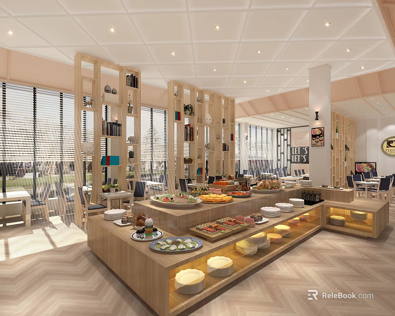 Buffet Restaurant With Wooden Partitions Long Dining Counters Abundant Dishes Large Windows And Bright Interior 3d model 