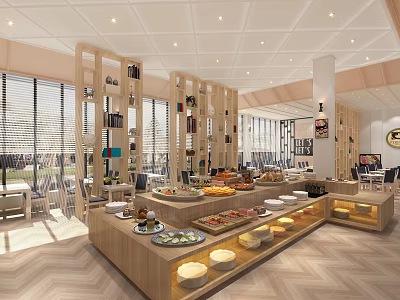 Buffet Restaurant With Wooden Partitions Long Dining Counters Abundant Dishes Large Windows And Bright Interior 3d model