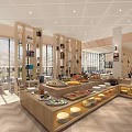 Buffet Restaurant With Wooden Partitions Long Dining Counters Abundant Dishes Large Windows And Bright Interior