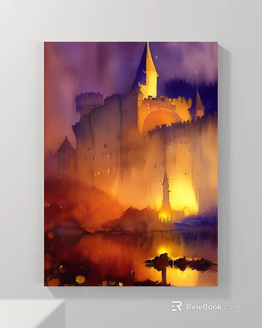 Watercolor Landscape Painting Of Magical Castle Night Scene With Illuminated Lights And Water Reflection 3d model 