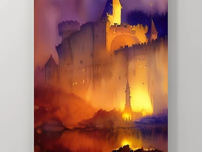 Watercolor Landscape Painting Of Magical Castle Night Scene With Illuminated Lights And Water Reflection 3d model