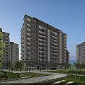 Modern High Rise Residential Building with Green Landscaping and Pedestrian Area