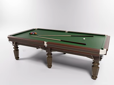 Billiard Room Featuring Classic Wooden Table With Green Felt Surface And Cue Sticks 3d model