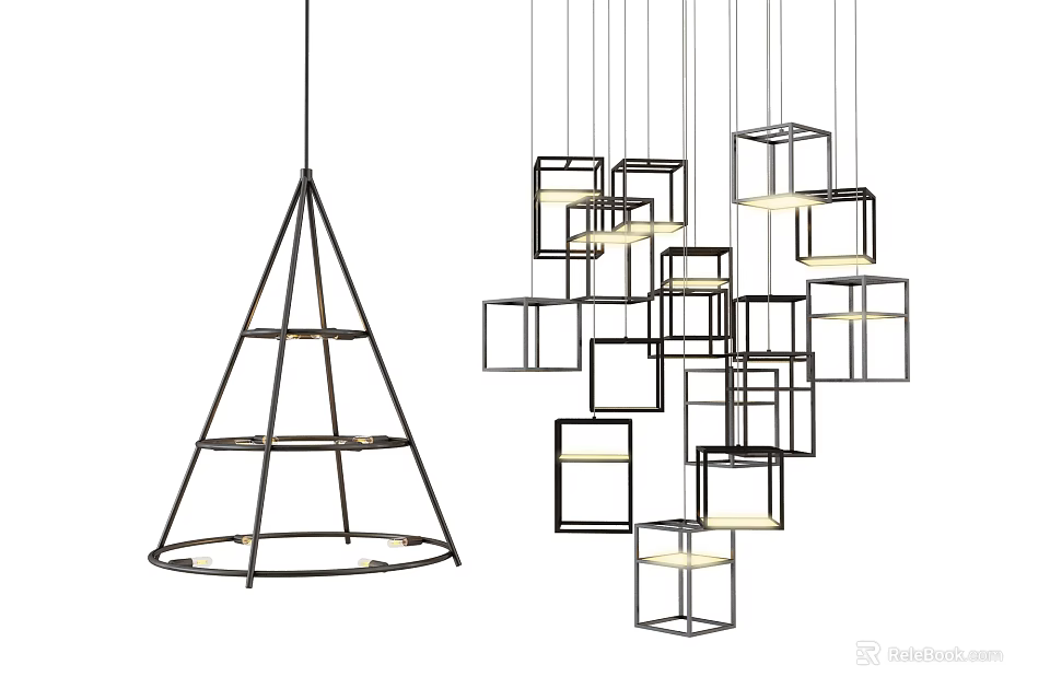 Modern Cone And Cube Shaped Hanging Chandeliers With Metal Frame Design 3d model