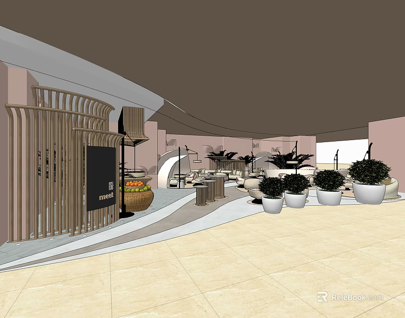 Modern Café Interior With Wooden Partition Green Plants White Planters And Curved Design 3d model 