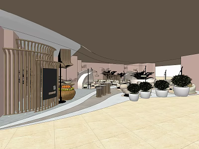 Modern Café Interior With Wooden Partition Green Plants White Planters And Curved Design 3d model