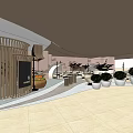 Modern Café Interior With Wooden Partition Green Plants White Planters And Curved Design
