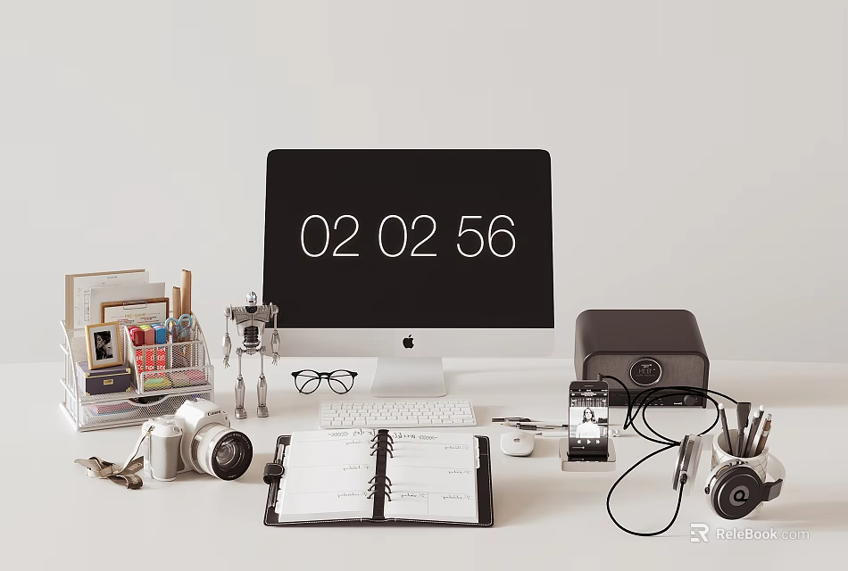 Office Desk Organization With File Folder Monitor Notebook And Camera 3d model 