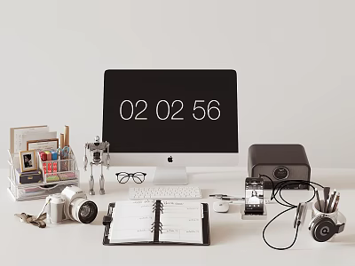 Office Desk Organization With File Folder Monitor Notebook And Camera 3d model