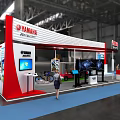 YAMAHA Exhibition Booth Featuring Red and White Design Large Display Screens and Counters