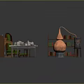 Vintage Interior Workspace With Green Armchair Bookshelves Copper Still And Wooden Table