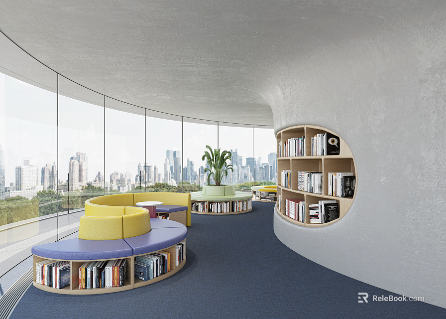Book Art In Modern Reading Space With Curved Walls Built-in Bookshelves And Colorful Sofas 3d model 