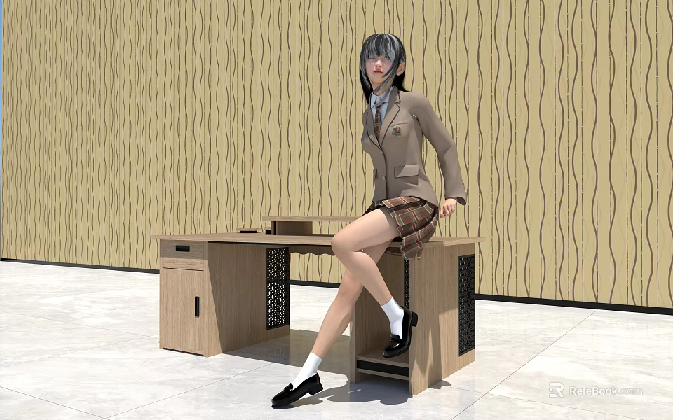 Simple Wooden Office Desk With Drawers And Chair And Wavy Pattern Wall On White Floor 3d model 