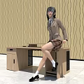 Simple Wooden Office Desk With Drawers And Chair And Wavy Pattern Wall On White Floor