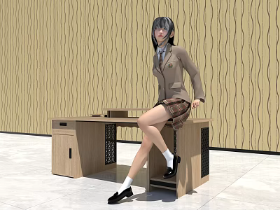 Simple Wooden Office Desk With Drawers And Chair And Wavy Pattern Wall On White Floor 3d model