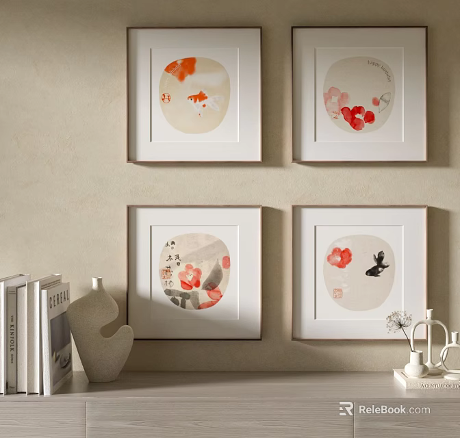 Four Circular Decorative Paintings With Floral Bird Patterns On Beige Wall 3d model