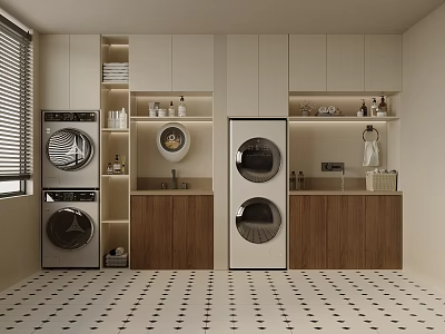 Modern Laundry Room With Front Load Washing Machine Dryer And Wooden Cabinets 3d model