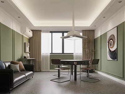 Hotel Mahjong Room With Green Walls Black Leather Sofa Hanging Lamp Dining Table And Chairs 3d model