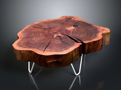 Natural Tree Stump Stool With Visible Growth Rings and Metal Hairpin Legs for Modern Interior 3d model