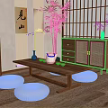 Japanese Wooden Tea Table With Floor Cushions Bamboo Plant Calligraphy Scrolls And Shoji Screen Interior