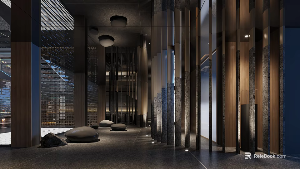 Modern Elegant Hotel Corridor Interior Design With Wooden Panels Ambient Lighting And Decorative Stones 3d model 
